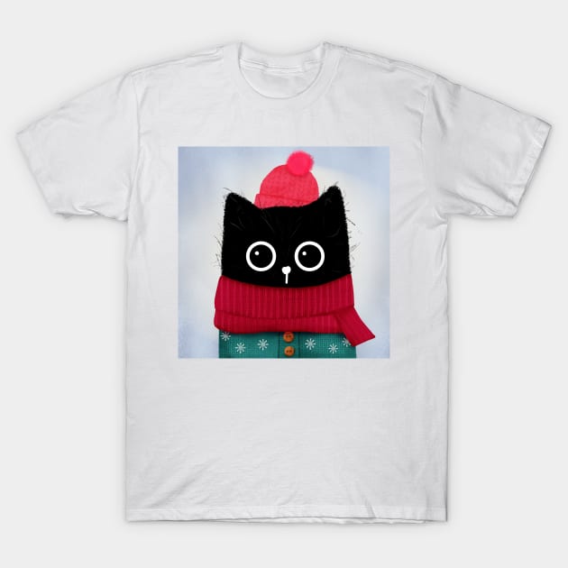 Black Cat Portrait in the Winter T-Shirt by StephersMc